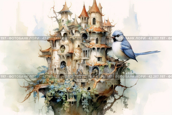 Fairytale bird on the background of the castle, book illustration style of children's fairy tales watercolor,Generative AI. Стоковое AI-изображение, AI-художник Анна Кривицкая / Фотобанк Лори