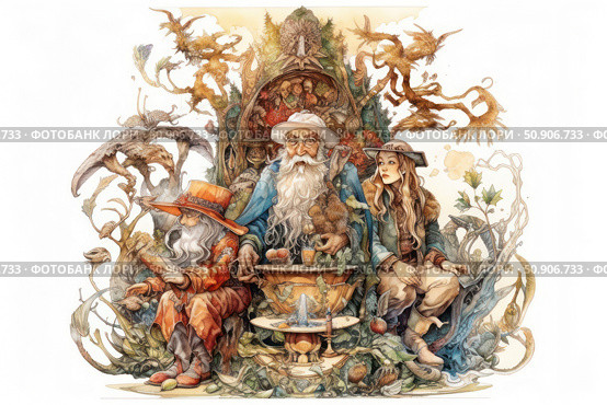 Fairytale fantasy illustration: three wizards sitting surrounded by bizarre plants, magical creatures and ancient objects. The central figure is an old man with a long beard, surrounded by the mysterious atmosphere of the forest. Rich detailing, saturated with fantasy and warm shades create the atmosphere of an ancient tale or legend. Ideal for book illustrations, board games, role-playing projects, magical stories and fairy tales. Стоковое AI-изображение, AI-художник Анна Кривицкая / Фотобанк Лори