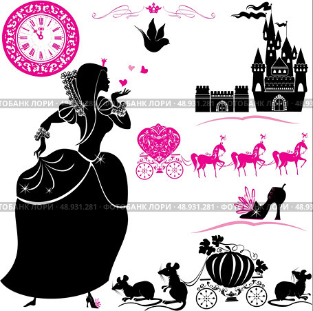 Fairytale Set - silhouettes of Cinderella, Pumpkin carriage with mouses, castle and clock. Стоковая иллюстрация, агентство Ingram Publishing / Фотобанк Лори
