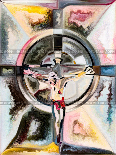 Faith of Light. Cross of Stained Glass series. Composition of  organic church window color pattern for projects on fragmented unity of Crucifixion of Christ and Nature. Стоковое фото, агентство Ingram Publishing / Фотобанк Лори