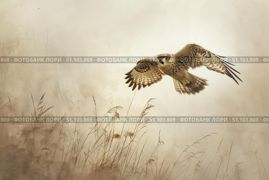 Falcon gliding over tall grass in misty landscape. Стоковое AI-изображение, AI-художник Иван Рябоконь / Фотобанк Лори