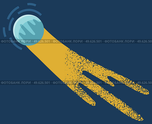 Falling meteorite on dark blue background. Flying comet in outer space, cartoon glowing cosmic object flat vector illustration. Fireball asteroid moving at high speed bright astronomic body. Falling meteorite on dark blue background. Flying comet in outer space, glowing cosmic object. Стоковая иллюстрация, агентство Ingram Publishing / Фотобанк Лори