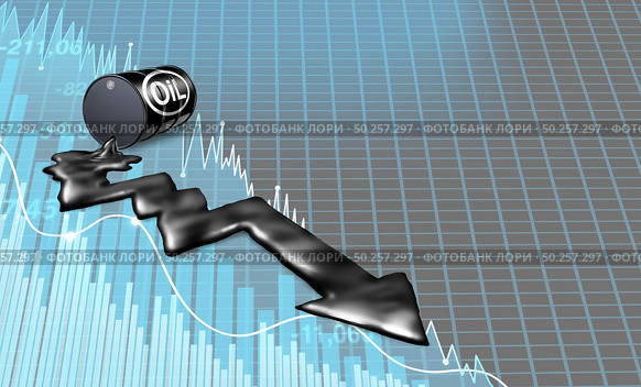 Falling oil price dive and decrease of petroleum costs concept as a barrel with supply and demand shaped as a downward arrow as a metaphor for energy stock market decline with 3D illustration elements. Стоковое фото, агентство Ingram Publishing / Фотобанк Лори