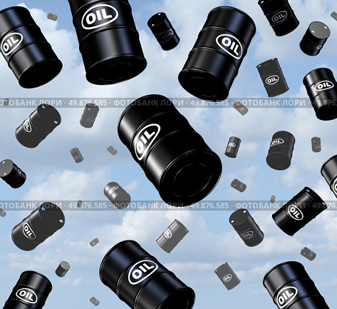 Falling oil prices with a group of three dimensional crude barrels and drum containers as they fall from the sky as a business concept of the gasoline energy and fossil fuel industry. Стоковое фото, агентство Ingram Publishing / Фотобанк Лори