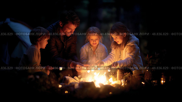 Family bonding around a campfire while toasting marshmallows on a cool evening in the woods. Стоковое AI-изображение, AI-художник Сергей Толмачёв / Фотобанк Лори