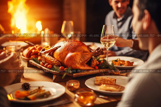 Family celebrating thanksgiving with roasted turkey on festive table near fireplace. Стоковое AI-изображение, AI-художник Иван Рябоконь / Фотобанк Лори
