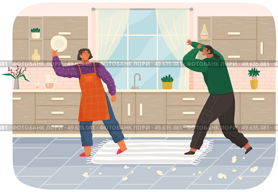 Family conflict and problems in couple relationship, concept with arguing and quarreling man and woman cartoon characters. Aggression and abuse in family. Angry people beat dishes in kitchen at home. Family conflict and problems in couple relationship, angry people beat dishes in kitchen at home. Стоковая иллюстрация, агентство Ingram Publishing / Фотобанк Лори