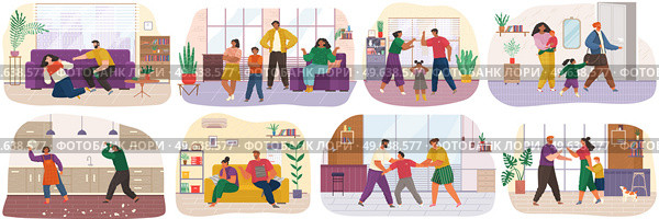 Family conflict scenes set. Fight and arguing, quarreling over child, parenting differences. Angry parents swearing. Unhappy children. Dispute man and woman. Toxic relationships between people. Family conflict set. Angry parents swearing. Unhappy children. Toxic relationships between people. Стоковая иллюстрация, агентство Ingram Publishing / Фотобанк Лори