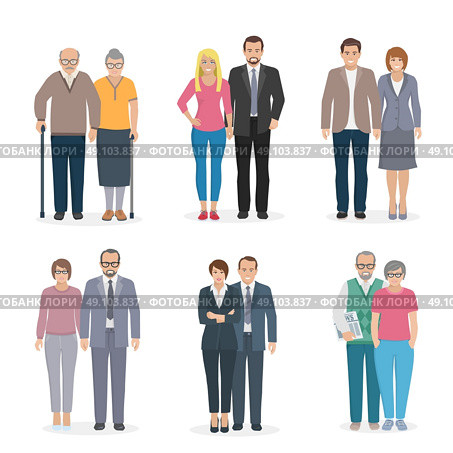 Family Couple Icons Flat. Color decorative icons set depicting family couple in different age vector illustration. Стоковая иллюстрация, агентство Ingram Publishing / Фотобанк Лори