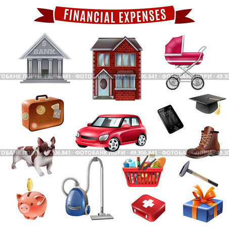 Family Expenses Flat Icons Collection . Average family household expenses flat icons collection with housing transportation food clothing and education isolated vector illustration  . Стоковая иллюстрация, агентство Ingram Publishing / Фотобанк Лори