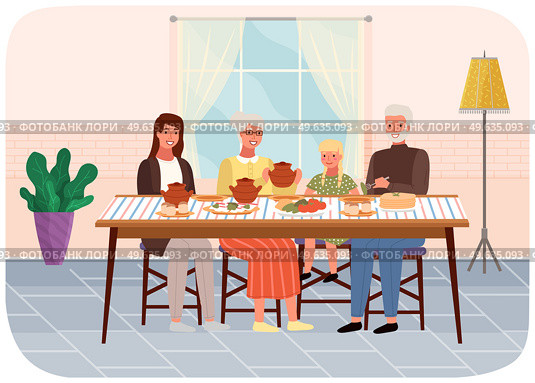 Family members are eating russian food. Relatives have dinner with borscht and flapjack in restaurant. Characters taste traditional dishes flat vector illustration. Dining table with pancakes and buns. Family members eating russian food. Relatives have dinner with borscht and flapjack in restaurant. Стоковая иллюстрация, агентство Ingram Publishing / Фотобанк Лори