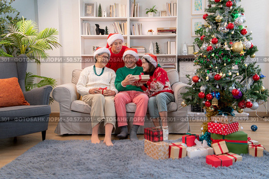Family members are exchanging gifts with each other during the Christmas holiday at home. Стоковое фото, агентство Ingram Publishing / Фотобанк Лори