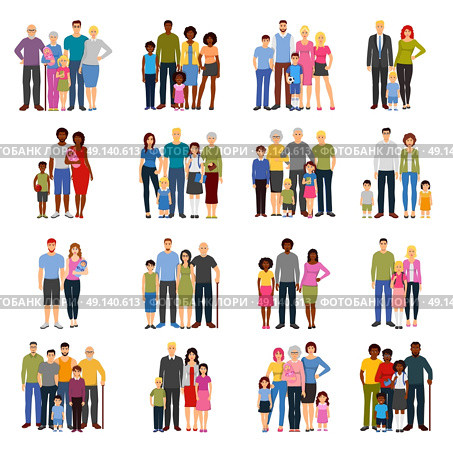 Family Members Groups Flat Icons Set . Young couples and families with teenage children grandparents fathers and mothers flat isolated icons set vector illustration . Стоковая иллюстрация, агентство Ingram Publishing / Фотобанк Лори