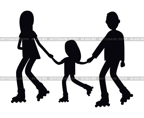 Family roller skating together black silhouettes vector illustration isolated on white. Parents teach child to skate on rollers, spending free time. Family Roller Skating Together Silhouettes Vector. Стоковая иллюстрация, агентство Ingram Publishing / Фотобанк Лори