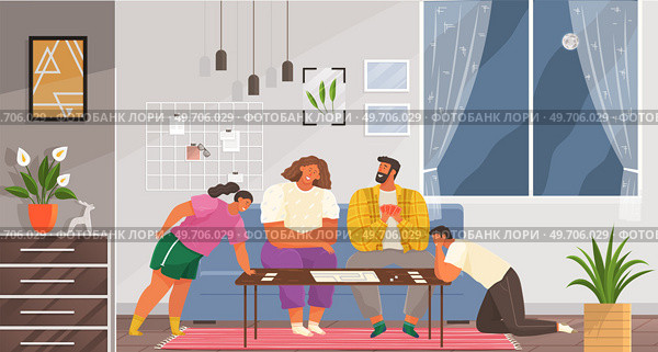 Family spending leisure time together. Mother, father, daughter and son playing board game at living room. Stay at home with children. Parenting and daycare. Happy smiling family members at cozy home. Family spending leisure time together. Mother, father, daughter and son playing board game at home. Стоковая иллюстрация, агентство Ingram Publishing / Фотобанк Лори