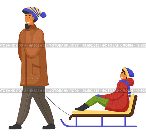 Family wearing warm winter clothes walking, father holding hand by rope and ride son on sledge, man spend leisure time together with kid, activity or hobby at nature, portrait of dad with child. Family wearing warm winter clothes walking, father holding hand by rope and ride son on sledge. Стоковая иллюстрация, агентство Ingram Publishing / Фотобанк Лори