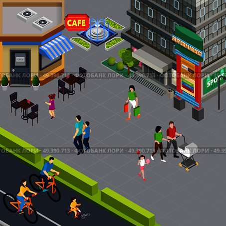 Family with pram and little daughter walking past cafe in city center pedestrian street isometric vector illustration. Family Outdoor Isometric Composition. Стоковая иллюстрация, агентство Ingram Publishing / Фотобанк Лори