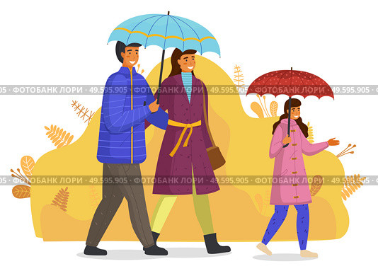 Family with umbrellas walking at abstract background, mother, father, daughter wearing warm clothes jacket and coat, young adults walk with little child, girl teenager walk with parents hold parasol. Family with umbrellas walking at abstract background, mother, father, daughter wearing warm clothes. Стоковая иллюстрация, агентство Ingram Publishing / Фотобанк Лори