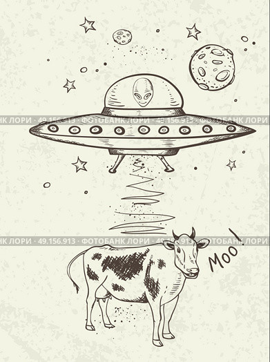 Fantastic doodle background with UFO abducts a cow. Hand drawn vector illustration. Стоковая иллюстрация, агентство Ingram Publishing / Фотобанк Лори