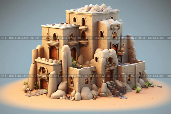 Fantasy adobe castle on desert landscape. Стоковое AI-изображение, AI-художник Иван Рябоконь / Фотобанк Лори