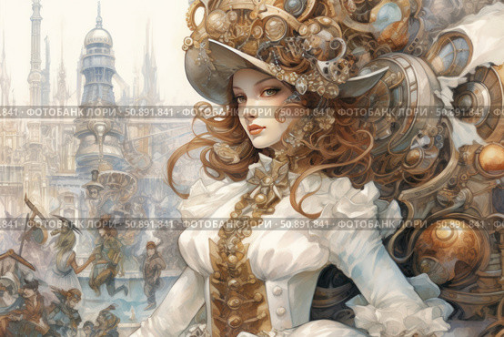 Fantasy portrait of a young woman in steampunk style against the backdrop of a fairytale city. Her outfit is decorated with metal parts, gears and complex elements of the mechanism. Her hair flutters, creating a sense of movement and power. The illustration is made in an artistic, detailed style, combining Victorian aesthetics and technological motifs. Ideal for themes of fantasy, alternative history, fashion and visual storytelling. Стоковое AI-изображение, AI-художник Анна Кривицкая / Фотобанк Лори