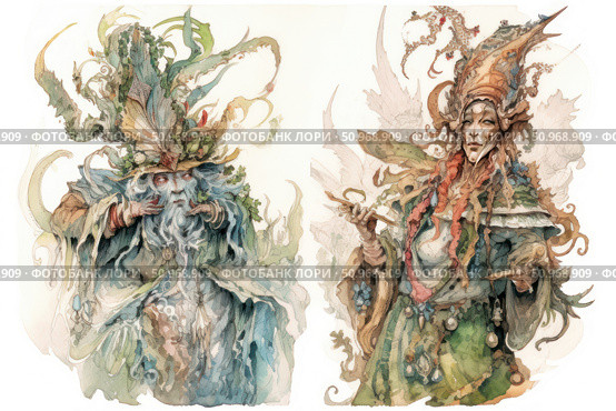 Fantasy watercolor portraits of magical creatures in natural clothing. The male and female figures are made in watercolor technique with fine detailing: moss, leaves, berries, feathers and bark form their outfits and headdresses. These characters are like living spirits of the forest or wizards of ancient times. The image conveys the atmosphere of magic, nature and ancient tales, ideal for decorating books, games, illustrations for myths and fantasy. Стоковое AI-изображение, AI-художник Анна Кривицкая / Фотобанк Лори