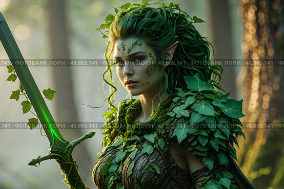 Fantasy Woman magician warrior druid on the background of the forest. Стоковое AI-изображение, AI-художник Александр Поташев / Фотобанк Лори