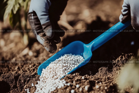 Farmer in blue gloves with fertilizer grains to soil. Hands applying mineral fertilizer white granules to tomato plant. Vegetable garden. Agriculture industry, development, economy investment growth. Стоковое AI-изображение, AI-художник Марина Демидюк / Фотобанк Лори