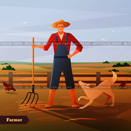 Farmer in overalls and hat with pitchfork and dog at paddock for chicken flat composition vector illustration. Farmer At Paddock Flat Composition. Стоковая иллюстрация, агентство Ingram Publishing / Фотобанк Лори