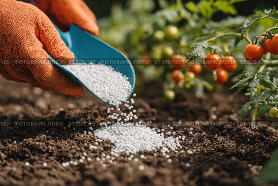 Farmer pours grain fertilizers on the soil. Person applying mineral fertilizer blue granules to green tomato plant. Eco vegetable garden. Agriculture industry, development, economy investment growth. Стоковое AI-изображение, AI-художник Марина Демидюк / Фотобанк Лори