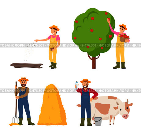 Farmer sowing seeds icons set vector. Hay bale and man holding hayfork, harvesting and breeding of animals. Cow giving milk dairy,  products in package. Farmer Sowing Seeds Icons Set Vector Illustration. Стоковая иллюстрация, агентство Ingram Publishing / Фотобанк Лори