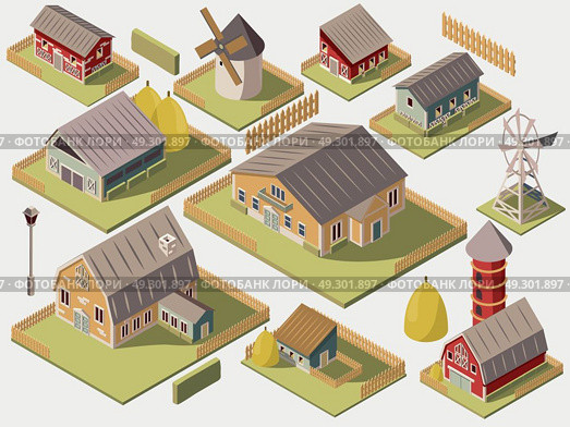 Farms Isometric Set. Set of isometric farms with mills barn and silo hay fence and street lamp isolated vector illustration. Стоковая иллюстрация, агентство Ingram Publishing / Фотобанк Лори