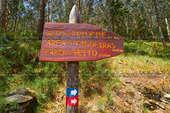 Faro Peito road sign to Lighthouse in Islas Cies islands of Vigo Spain. Стоковое фото, агентство Ingram Publishing / Фотобанк Лори