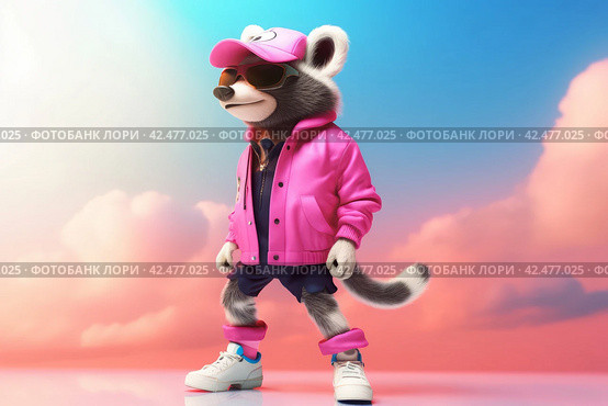 Fashion pink raccoon dancing. Generate Ai. Стоковое AI-изображение, AI-художник Иван Рябоконь / Фотобанк Лори