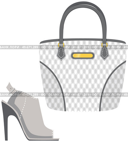 Fashion shoes and bag isolated on white. Stylish elements of womens wardrobe in casual style high heel shoes and handbag, footwear and pouch, female accessories fashionable trendy collection. Fashion shoes and bag isolated on white. Stylish elements of womens wardrobe in casual trendy style. Стоковая иллюстрация, агентство Ingram Publishing / Фотобанк Лори