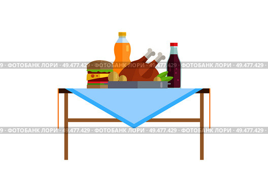 Fast food and soda or juice in bottles on table. Cheeseburger near fried chicken, cool beverages. High calorie contain products vector illustrations.. Fast Food and Soda or Juice in Bottles on Table. Стоковая иллюстрация, агентство Ingram Publishing / Фотобанк Лори