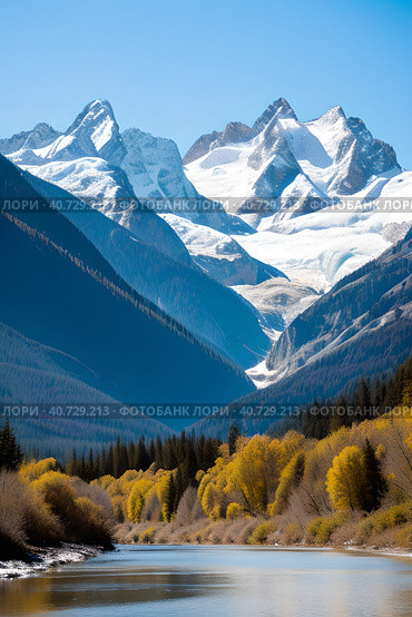 Fast mountain river against the backdrop of snow-capped mountains. Sunrise in the mountains. Autumn landscape. Стоковое AI-изображение, AI-художник Сергей Елизарьев / Фотобанк Лори