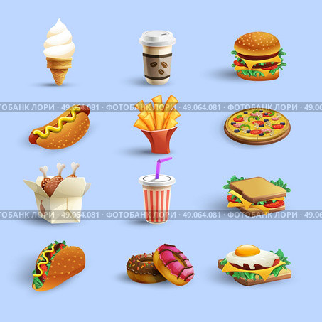 Fastfood Icons Cartoon Set. Fast food restaurant menu icons collection with donut hotdog coffee and cheeseburger abstract color isolated vector illustration. Стоковая иллюстрация, агентство Ingram Publishing / Фотобанк Лори