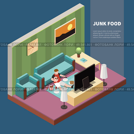 Fat guy eating junk food and watching tv gluttony 3d isometric vector illustration. Стоковая иллюстрация, агентство Ingram Publishing / Фотобанк Лори