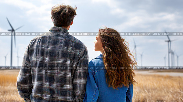 Father and daughter looking at solar panels. Solar farm and sunlight at sunset. Solar energy for green energy. Sustainable renewable energy. Photovoltaic power plant or solar park. Energy sustainability. Стоковое AI-изображение, AI-художник ALLA YURTAYEVA / Фотобанк Лори