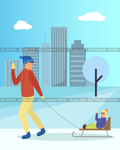 Father and daughter walking with sleigh in urban winter park. Happy parent and child sitting on sledge near snowy tree and high building. Leisure of dad and kid on snowy land with cityscape vector. Family Walking with Sledge in Winter Park Vector. Стоковая иллюстрация, агентство Ingram Publishing / Фотобанк Лори