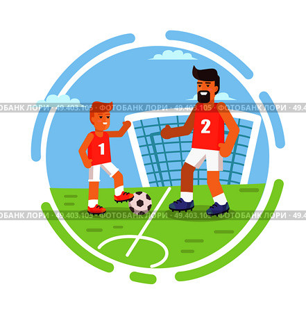 Father and son playing with ball on football field isolated in round circle. Family sport happy fathers day poster with son and dad play outdoor games. Happy Fathers Day Poster with Son and Dad Vector. Стоковая иллюстрация, агентство Ingram Publishing / Фотобанк Лори