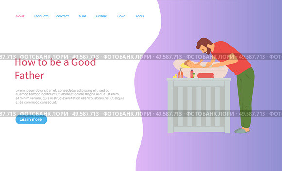 Father changing diapers of newborn baby vector, daddy and kid laying on table, room interior with furniture and curtains, framed picture, family care, concept for Father day. Father Caring for Child, Newborn Baby on Table. Стоковая иллюстрация, агентство Ingram Publishing / Фотобанк Лори