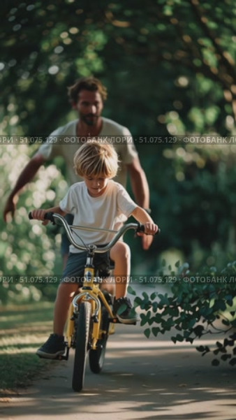 Father helps son learn to ride a bicycle in a park during summer afternoon surrounded by greenery. Стоковое AI-видео, аниматор Сергей Толмачёв / Фотобанк Лори