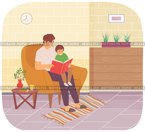 Father sitting in armchair and reading book to his son. Boy smiling and sitting on his dad s lap in living room. Man on maternity leave with child. Dad teaches and tells story for little son. Father in armchair reading book to his son. Boy smiling and sitting on his dad s lap in living room. Стоковая иллюстрация, агентство Ingram Publishing / Фотобанк Лори