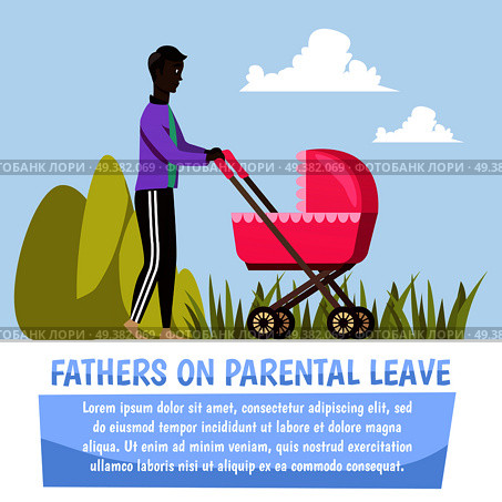 Father walking with pink stroller during parental leave orthogonal composition on blue sky background vector illustration. Father With Stroller Orthogonal Composition. Стоковая иллюстрация, агентство Ingram Publishing / Фотобанк Лори