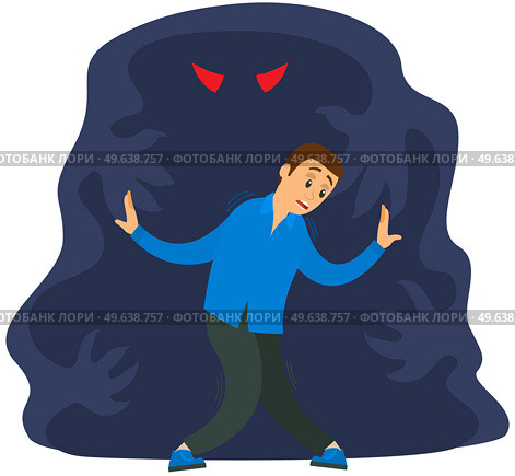 Fear of darkness concept. Man scared of spooky monster from nightmare. Person is afraid of ghost. Guy next to monster, ghost in dark isolated on white background. Nightmare, fear of dark, phobia. Guy next to monster, ghost in dark isolated. Man is scared of spooky phantom from nightmare. Стоковая иллюстрация, агентство Ingram Publishing / Фотобанк Лори