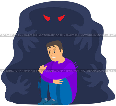 Fear of darkness concept. Man scared of spooky monster from nightmare. Person is afraid of ghost. Guy sits and shakes with fright next to monster, ghost in dark. Nightmare, fear of dark, phobia. Guy sits and shakes with fright next to monster, ghost in dark. Man scared of spooky nightmare. Стоковая иллюстрация, агентство Ingram Publishing / Фотобанк Лори