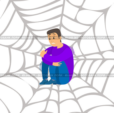 Fear of spider. Man frightened by spinner guy suffering from arachnophobia, human fear concept. Male character sitting on spider web on white background hugged his knees. afraid of insects and beetles. Fear of spider. Man frightened by spinner, guy suffering from arachnophobia, human fear concept. Стоковая иллюстрация, агентство Ingram Publishing / Фотобанк Лори