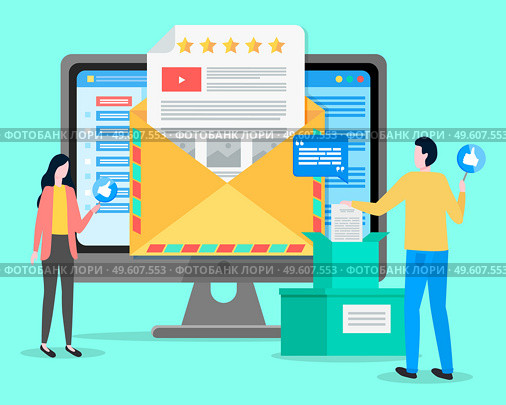 Feedback to users customers of website, analysing consumer demands, rating stars, increase popularity of social network, young man with like sign, boxes with postal letters, analysing consumer demands. Feedback to users customers of website, analysing consumer demands, rating stars increase popularity. Стоковая иллюстрация, агентство Ingram Publishing / Фотобанк Лори